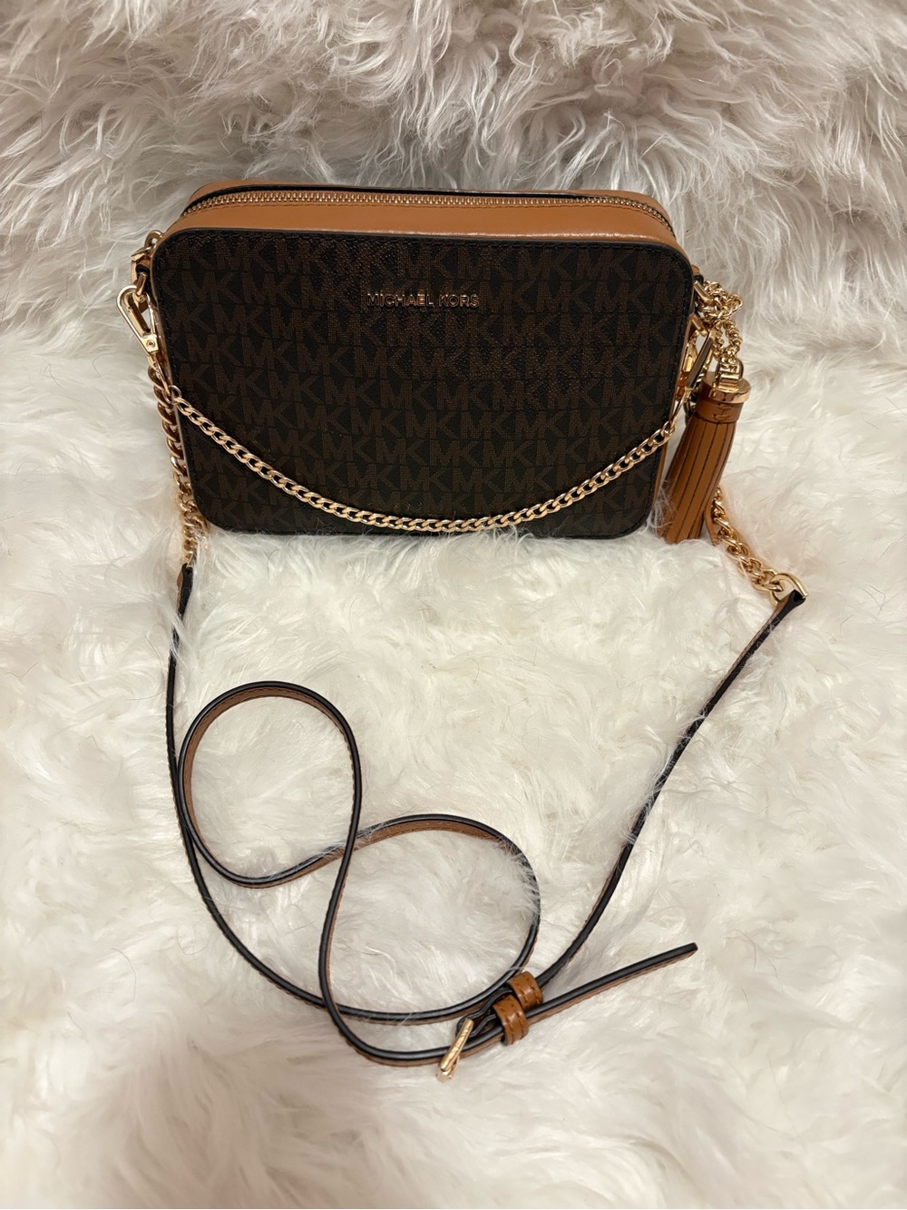 Michael Kors Brown Logo Crossbody with Tan Trim and Gold Hardware